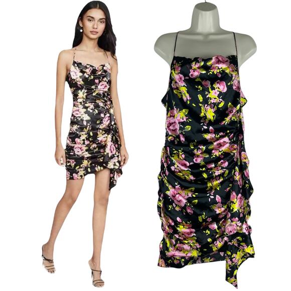 Likely Asta Floral Print Satin Mini Dress Ruffle Side Ruch Size 6 - Picture 3 of 12